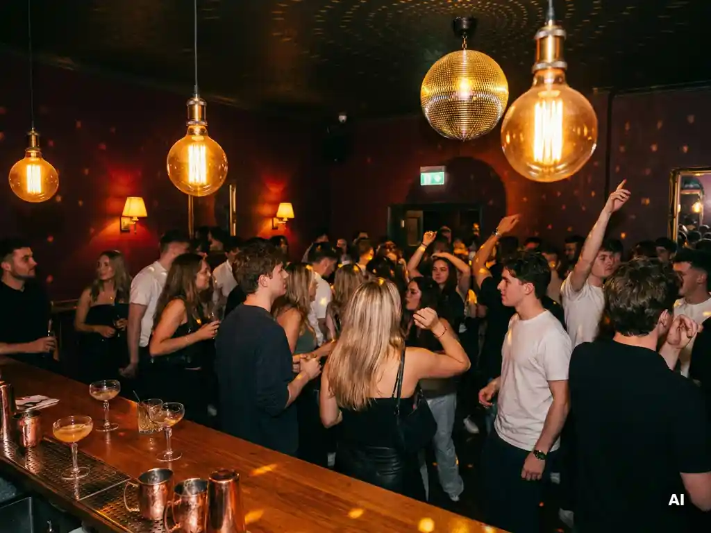 Tanzende Menge unter Disco-Kugel und Edison-Glühbirnen in einer stimmungsvollen Bar mit Cocktails im Amber-Licht.