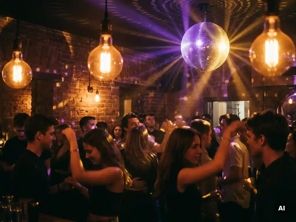 Tanzende Gäste in einer Bar mit Discokugel, Edison-Glühbirnen und warmem Licht aus Gold- und Lilatönen auf Backsteinwänden.