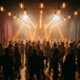 Tanzende Silhouetten auf einem Clubdancefloor unter warmen Edison-Glühbirnen, atmosphärischer Rauch und dramatische Lichtstrahlen.