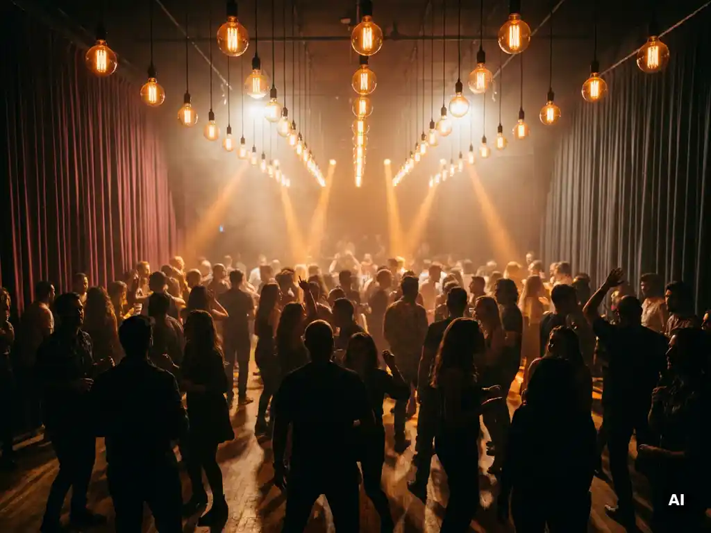 Tanzende Silhouetten auf einem Clubdancefloor unter warmen Edison-Glühbirnen, atmosphärischer Rauch und dramatische Lichtstrahlen.