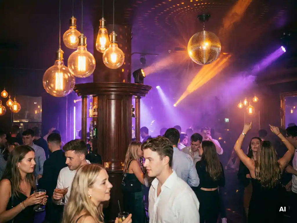 Disco-Kugel verstreut warmes Licht über tanzende Gäste in einer Bar mit Edison-Lampen, lila und bernsteinfarbenen Lichtstrahlen und Nebeleffekten.