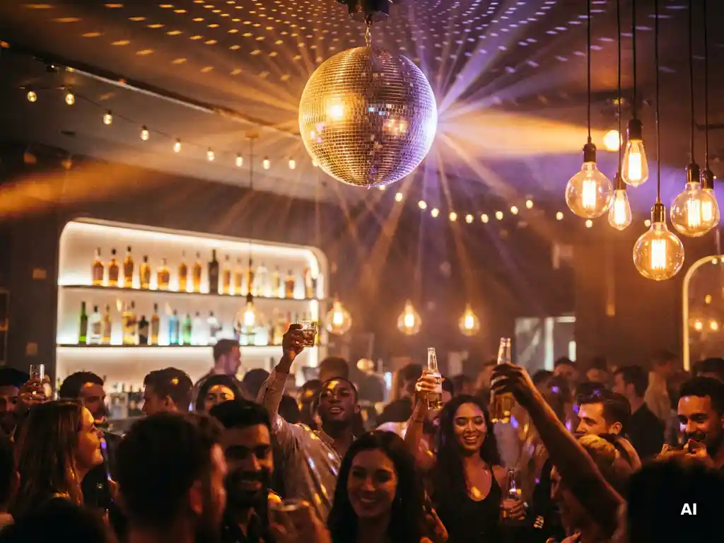 Glitzernde Diskokugel wirft Lichtreflexe über tanzende Gäste mit Getränken unter warmen Edison-Glühbirnen in lebhafter Nachtclub-Atmosphäre.
